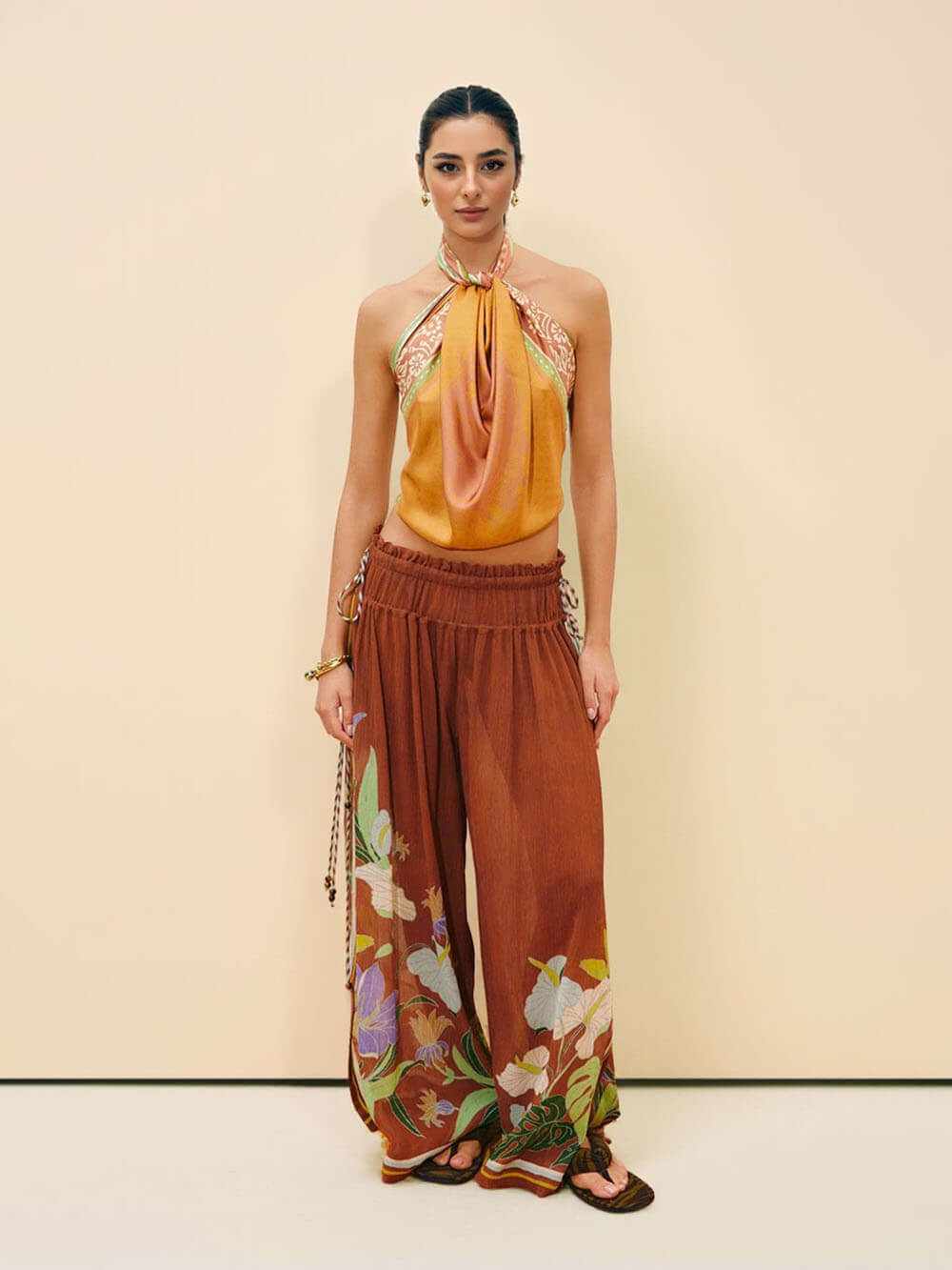 Exquisite Ruffled Adjustable Strap Camisole with Drawstring Slit Wide-Leg Pants Set