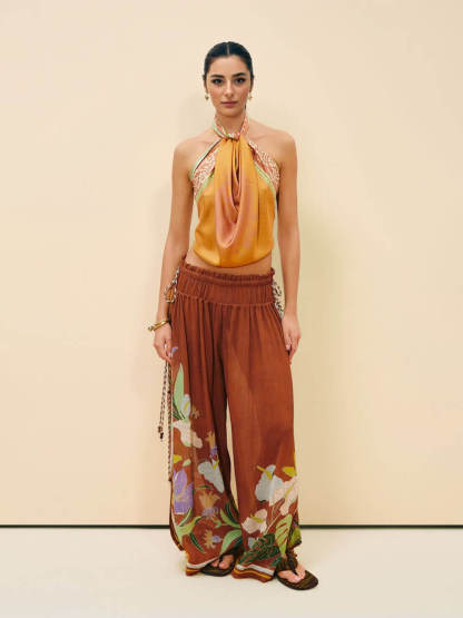 Exquisite Ruffled Adjustable Strap Camisole with Drawstring Slit Wide-Leg Pants Set