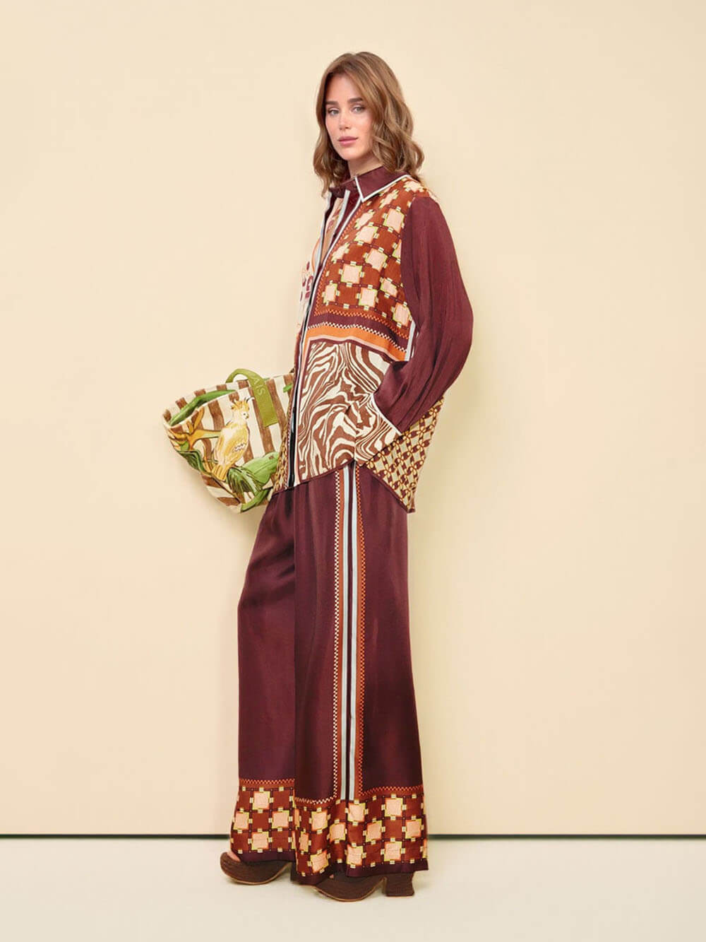 Unique Paisley Color-Block Satin Shirt