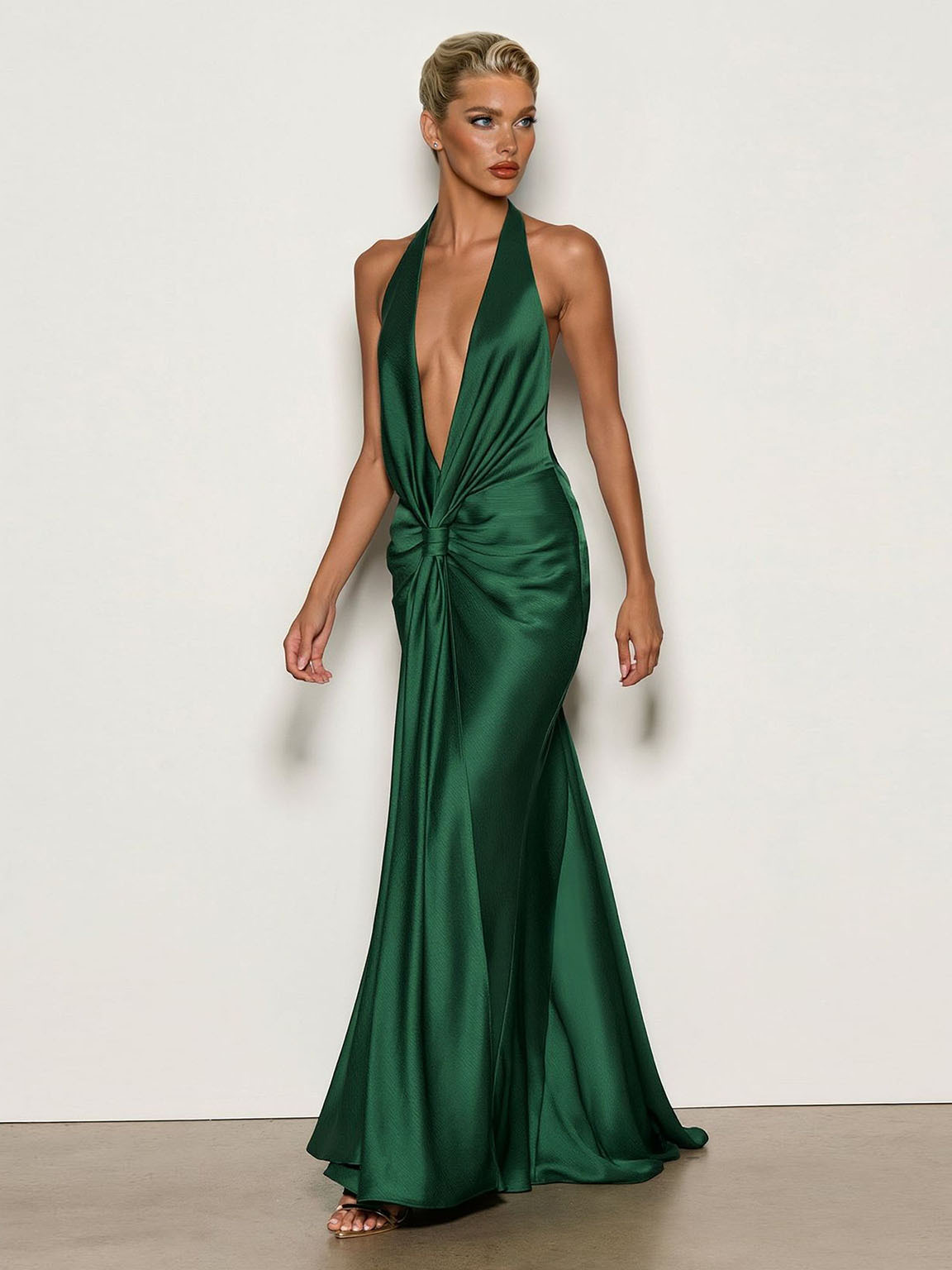 Elegant Backless Twist Front Satin Maxi Dress