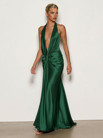 Elegant Backless Twist Front Satin Maxi Dress