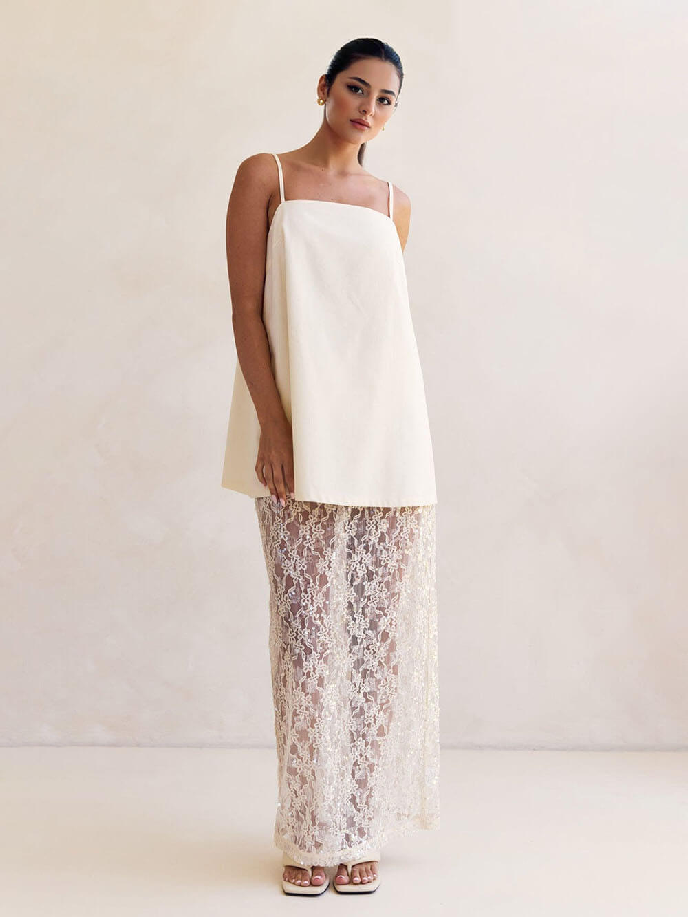 Elegant Off-Shoulder Strap A-Line Top Sheer Sequin Lace High-Waist Maxi Skirt Set