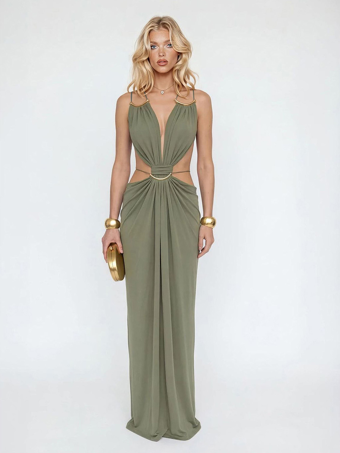 Sexy Metal Chain Cut-Out Backless Lace-Up Draped Maxi Dress