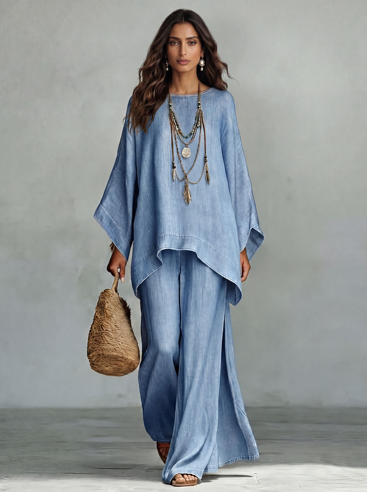 Casual Denim Batwing Asymmetrical Top & Wide Leg Pants Set