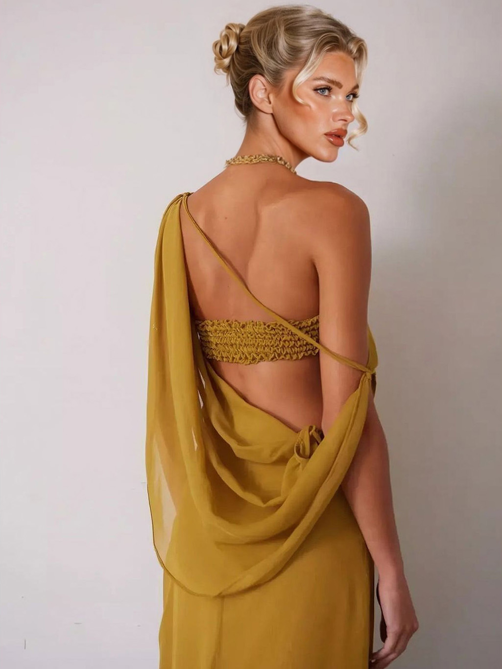 Elegant One-Shoulder Ruched Waist Flowy Maxi Dress
