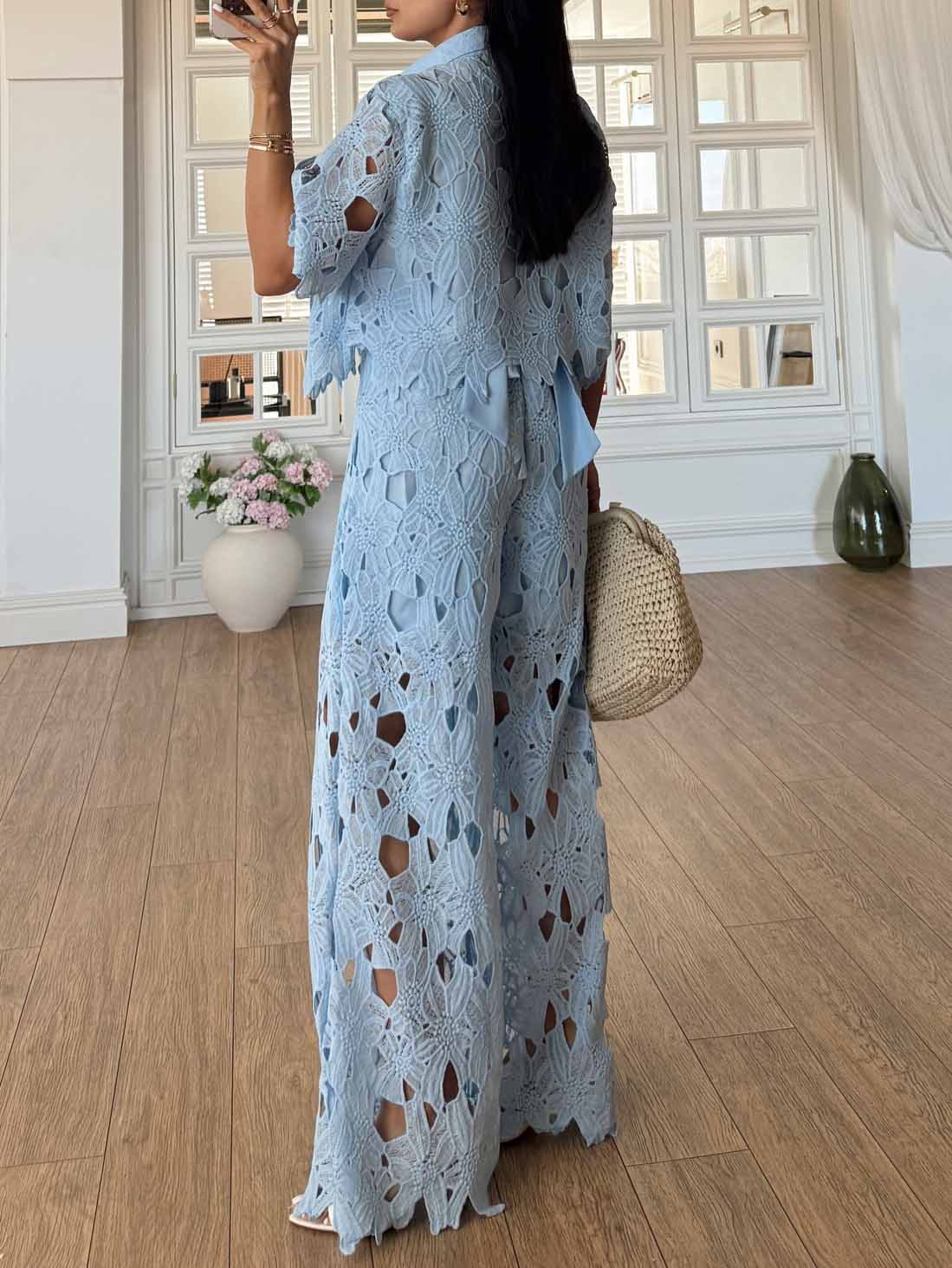 Casual Cutout Lace Wide-Leg Pants