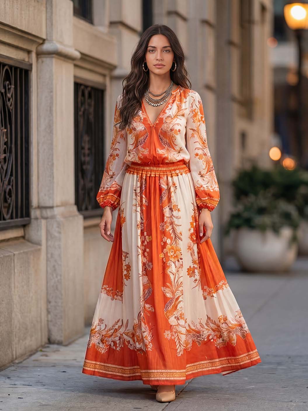 Elegant Retro Ethnic Print Two-Piece Dress