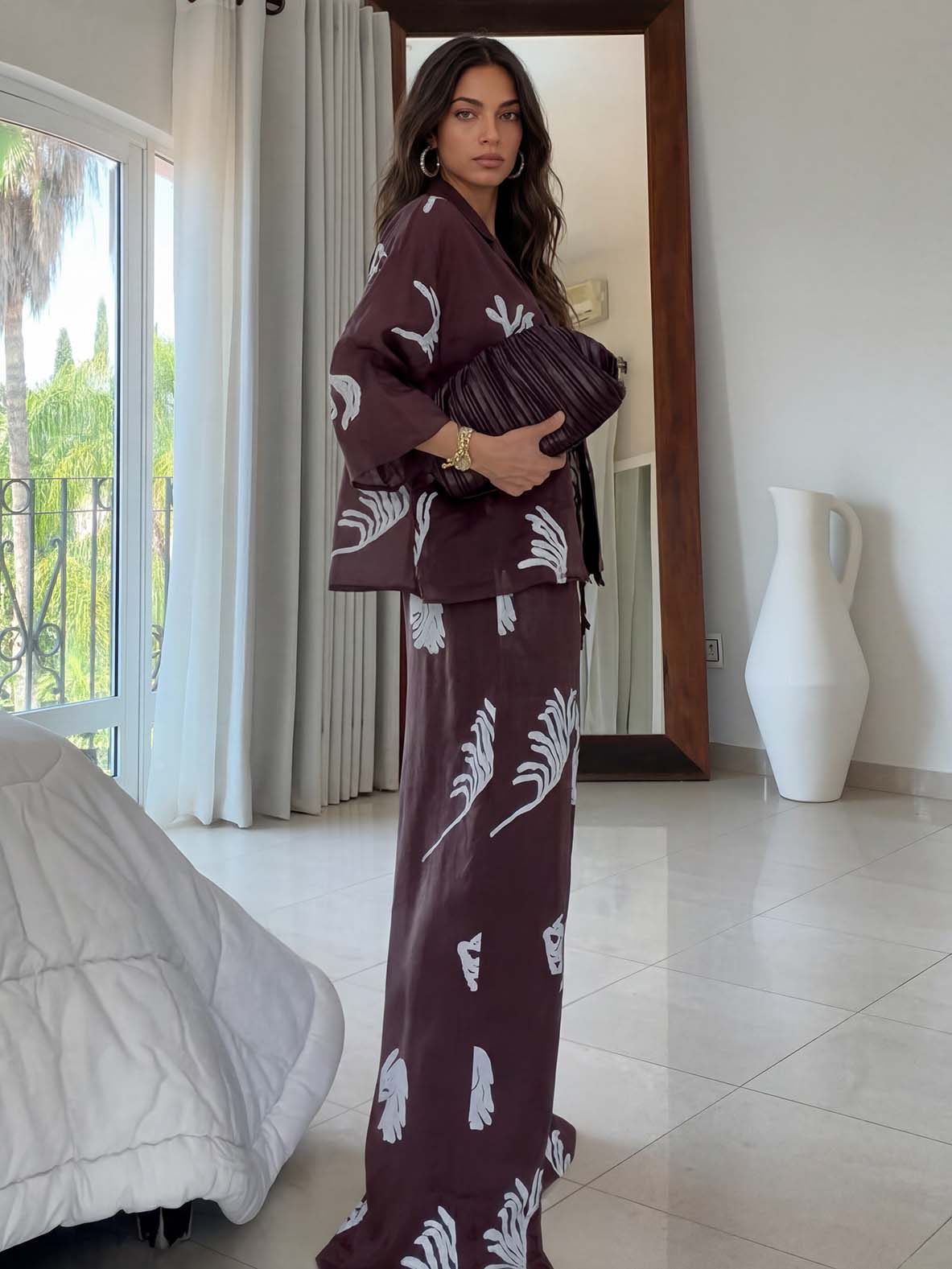 Exquisite Tropical Leaf Print Shirt & Pants Two-Piece Set