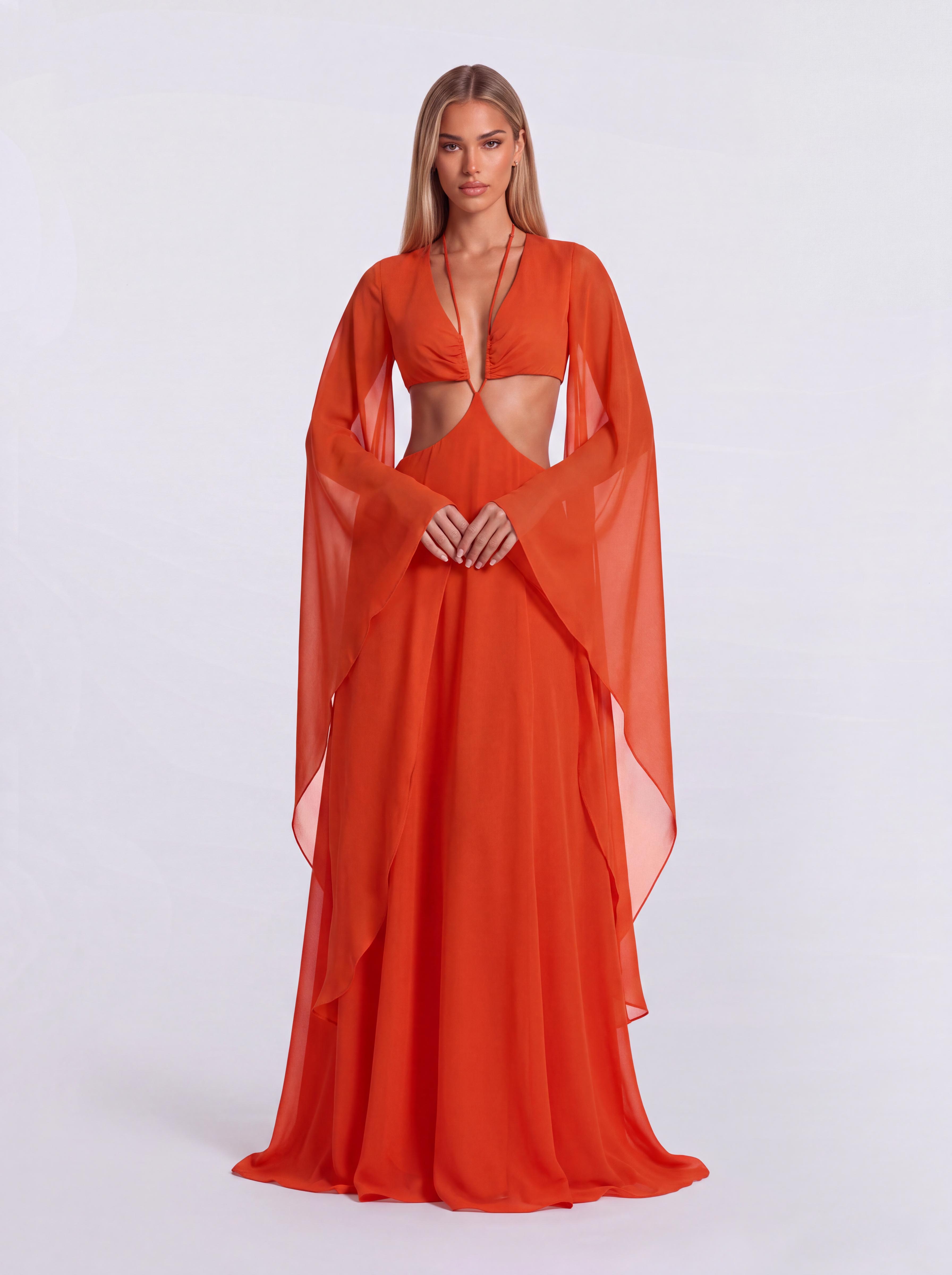Vacation-style Deep V Cutout Bell Sleeve Chiffon Dress