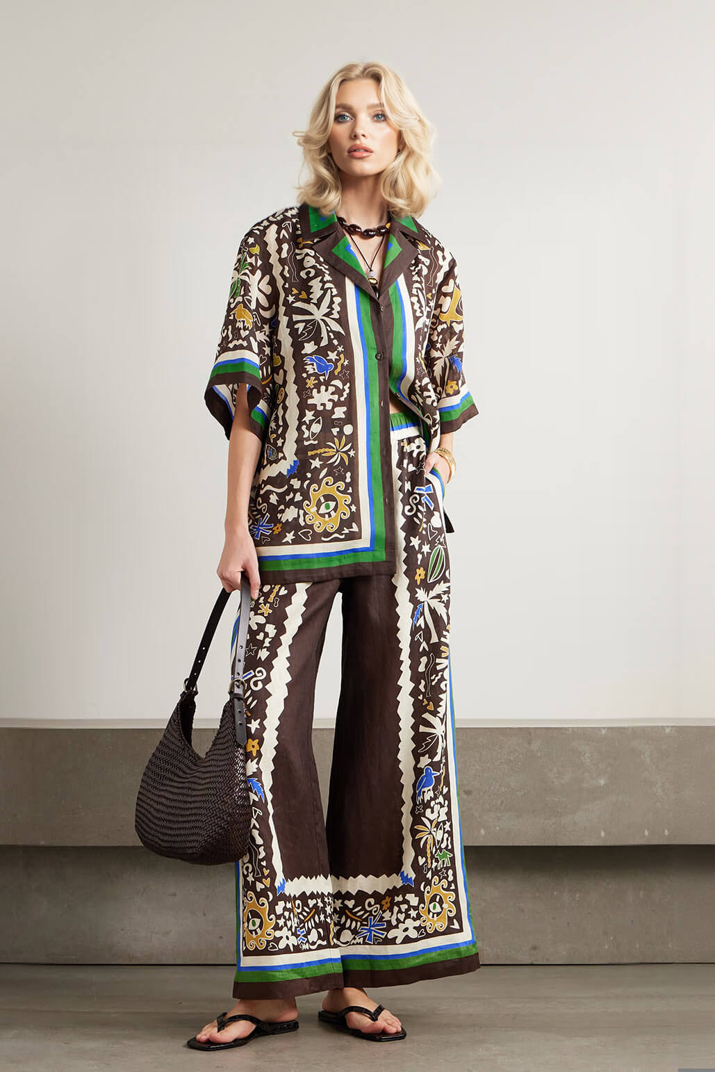 Unique Vintage Moroccan Print Linen Elastic Waist Pocket Wide-Leg Pants