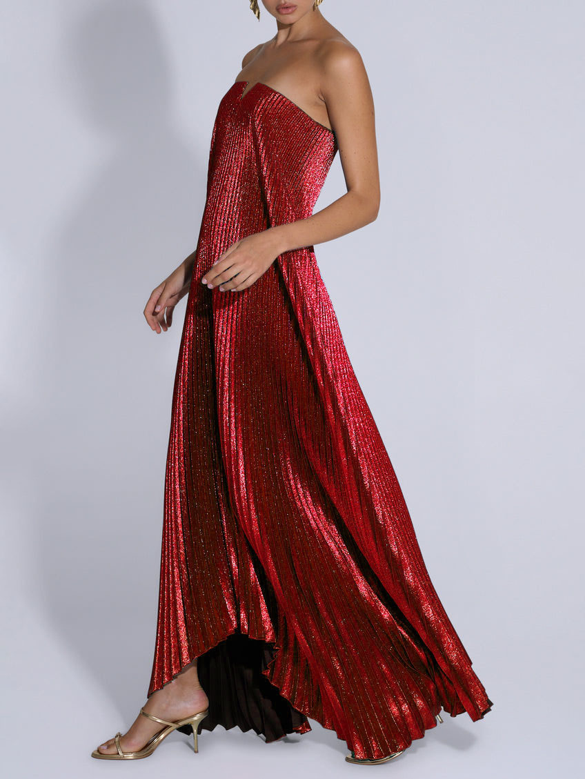 Elegant Strapless Gown With Shiny Pleated Maxi Dress