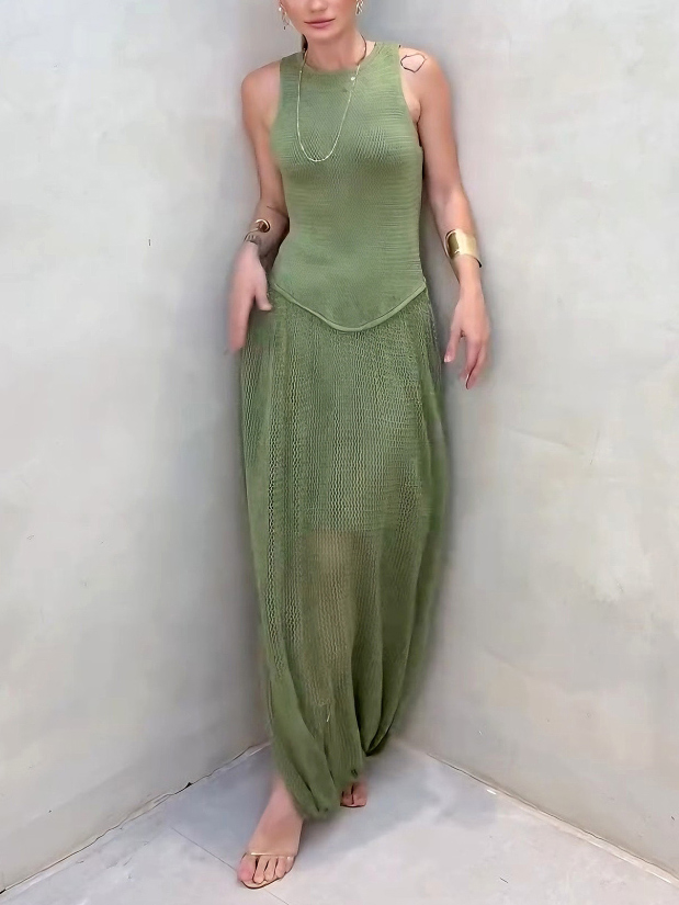 Unique Split-hem Cutout Knit Sleeveless Maxi Dress