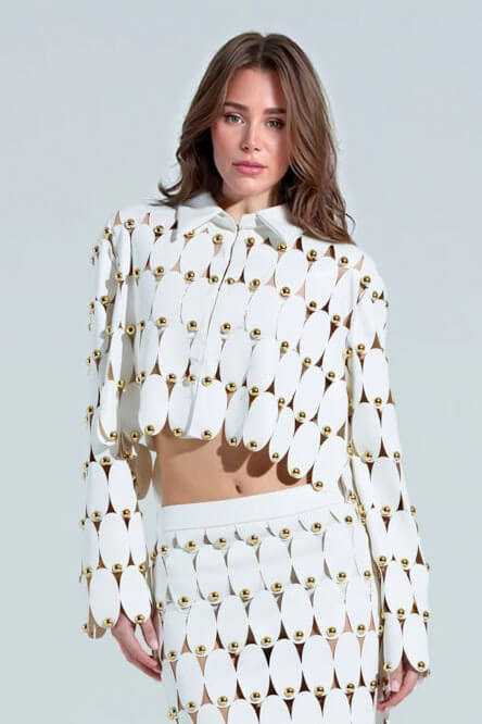 Exquisite Cut-Out Studded PU Cropped Cardigan Top And Maxi Skirt Set