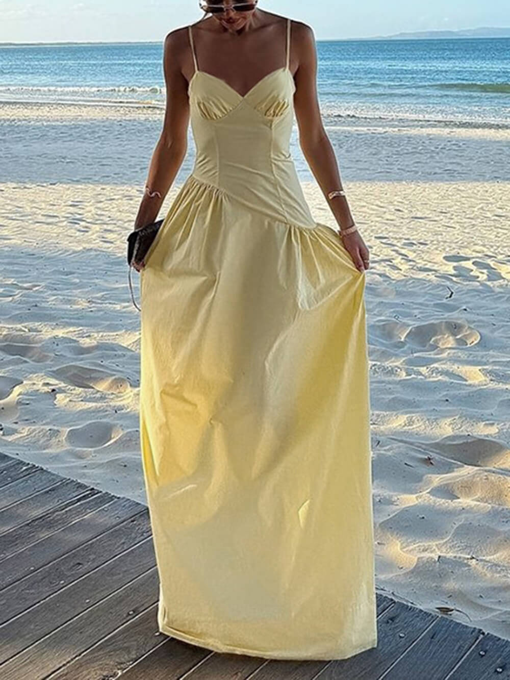 Summer A-Line Fitted Vacation Spaghetti Strap Maxi Dress