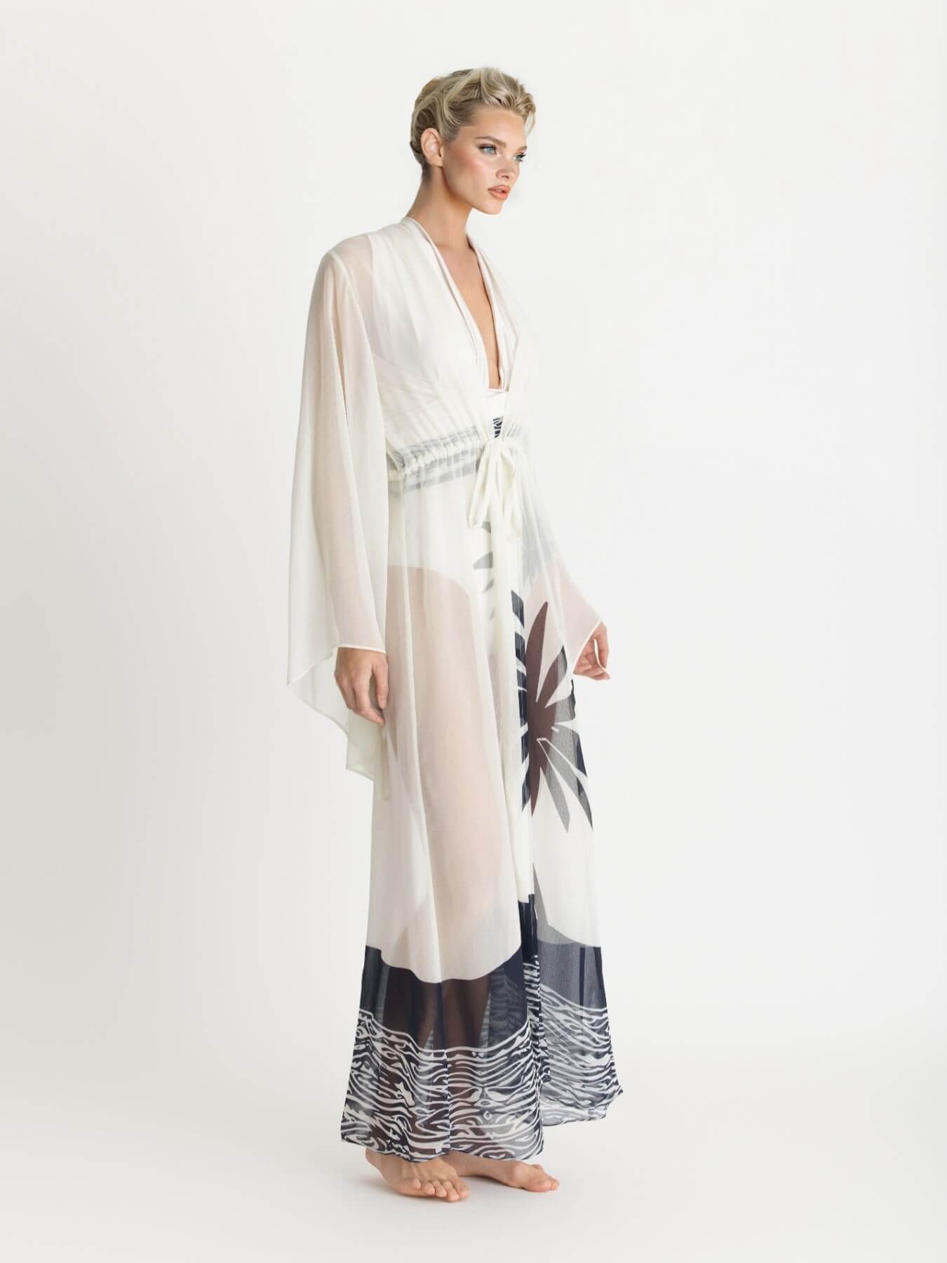 Sexy Kimono Palm Tree Print Beach Cover-Up