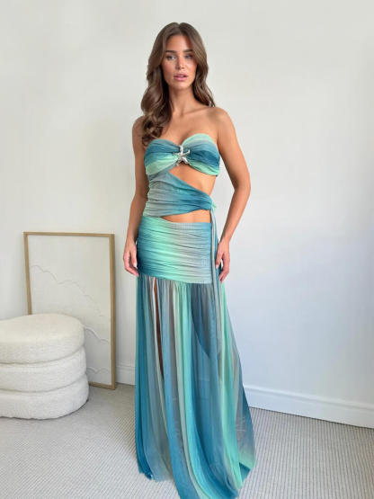 Sexy Printed Side-Slit Draped Maxi Dress