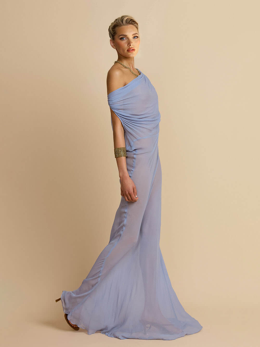 Fashion Mesh Sexy Off-Shoulder Ruched Maxi Dress