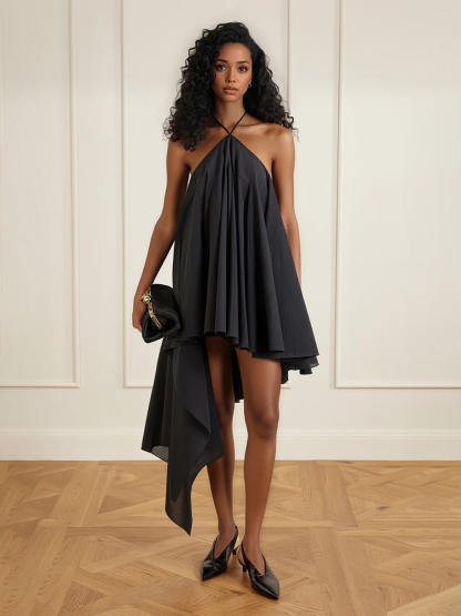 Elegant Black Asymmetrical Chiffon Crepe Mini Dress