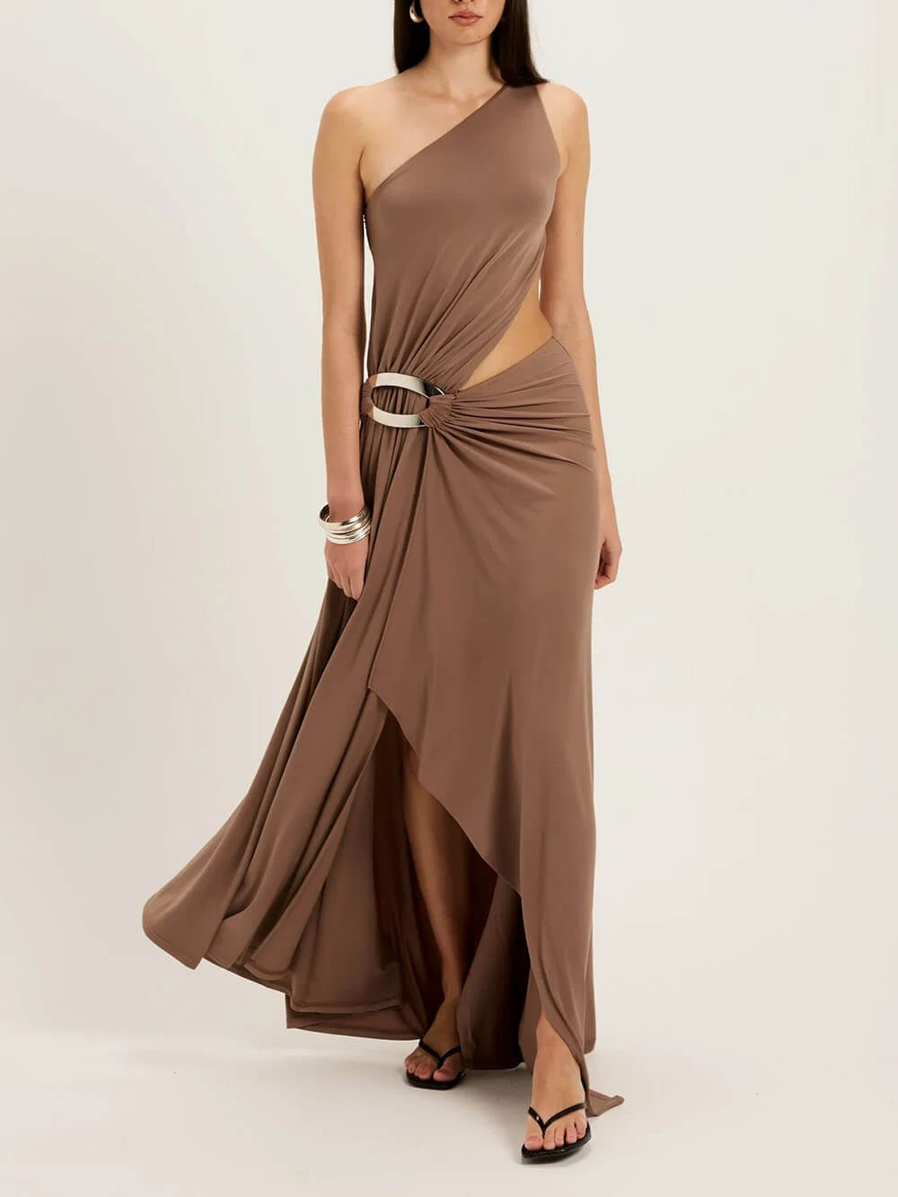 Elegant Asymmetrical One-Shoulder Draped High-Slit Maxi Dress