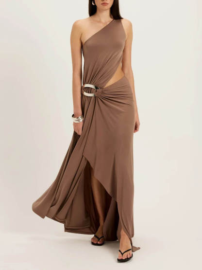 Elegant Asymmetrical One-Shoulder Draped High-Slit Maxi Dress