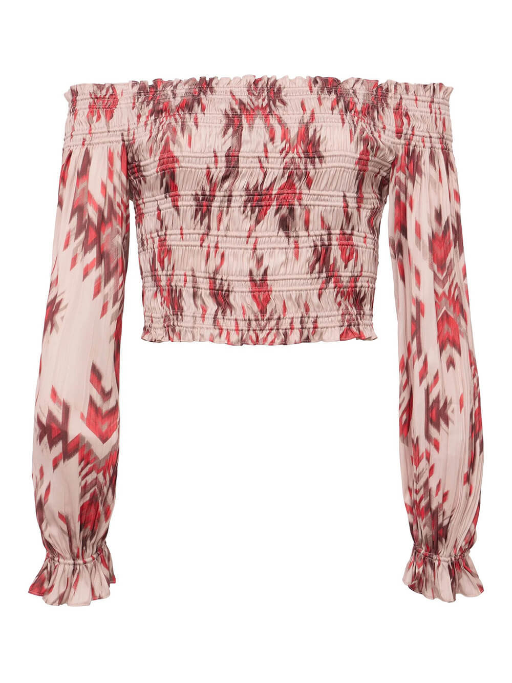 Retro Printed Ruched Stretch Off-Shoulder Top