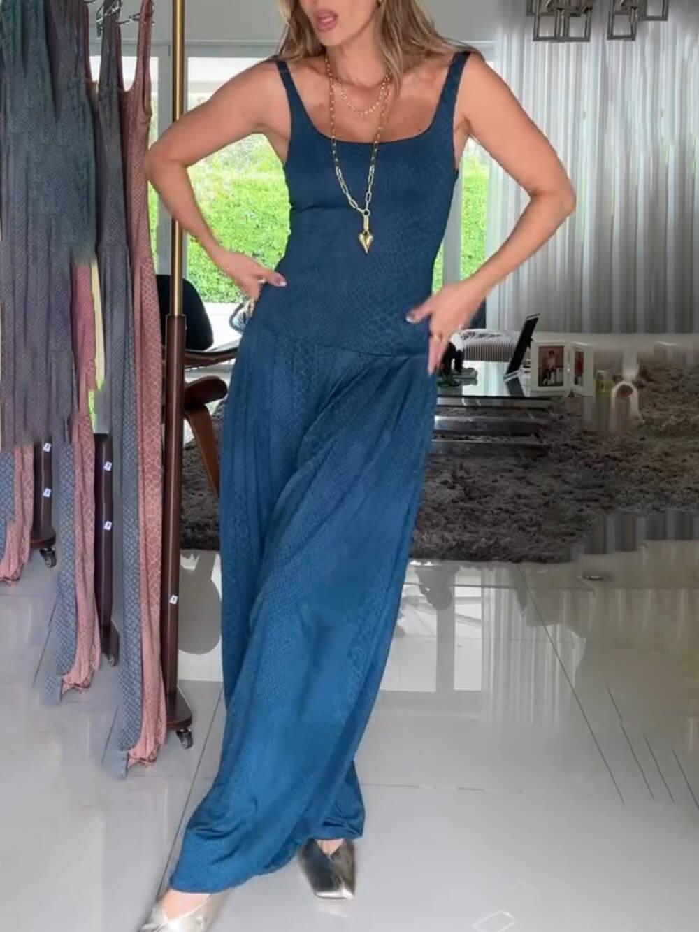 Casual Blue Suspender Printed Jumpsuit