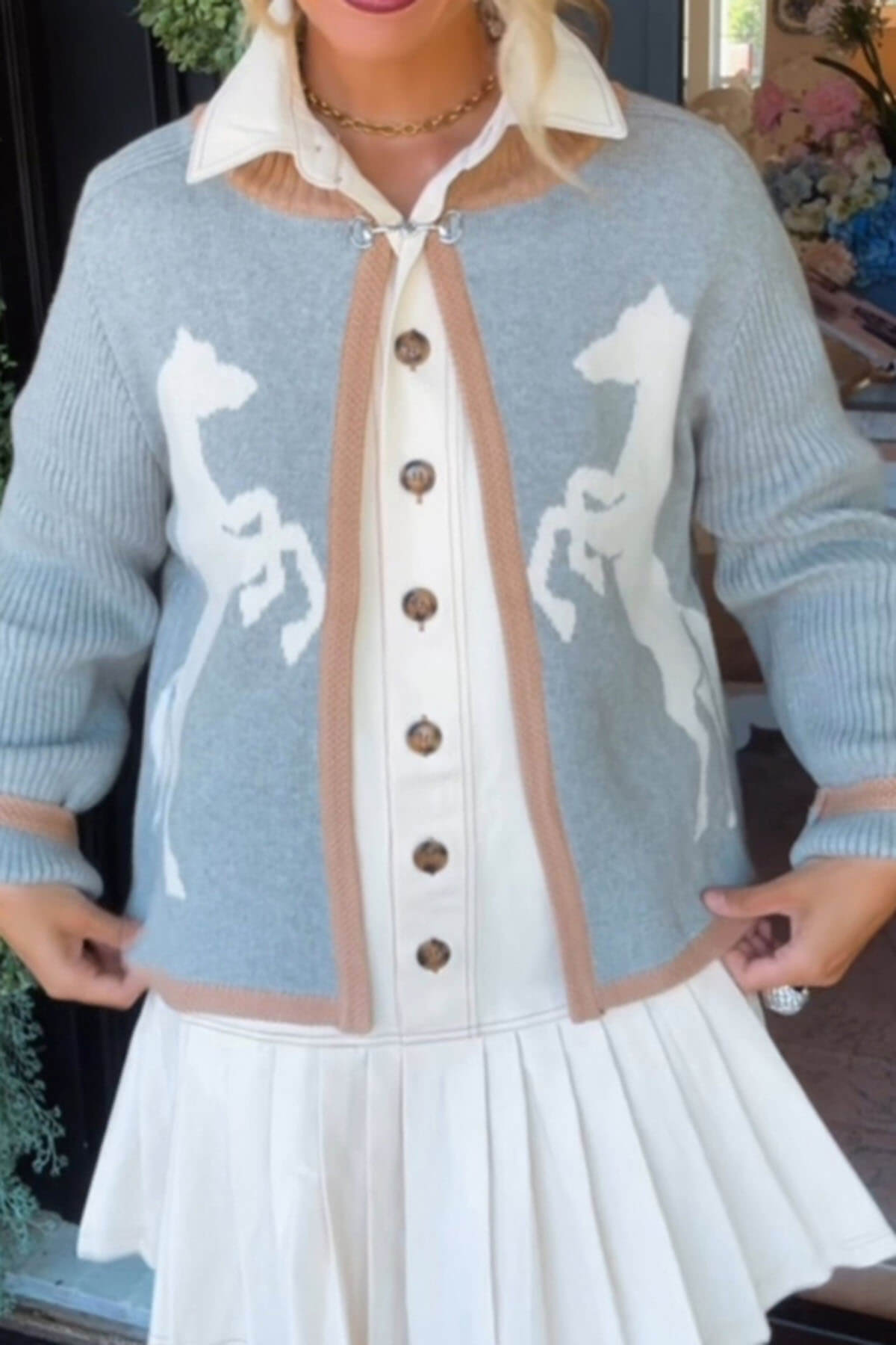 Fashion White Horse Pattern Casual Long-sleeved Knitted Cardigan