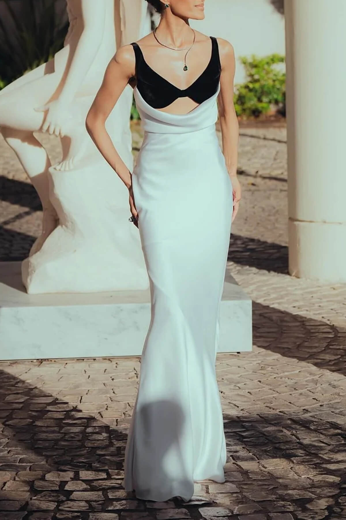 Elegant Colorblock Draped Bustier Maxi Dress