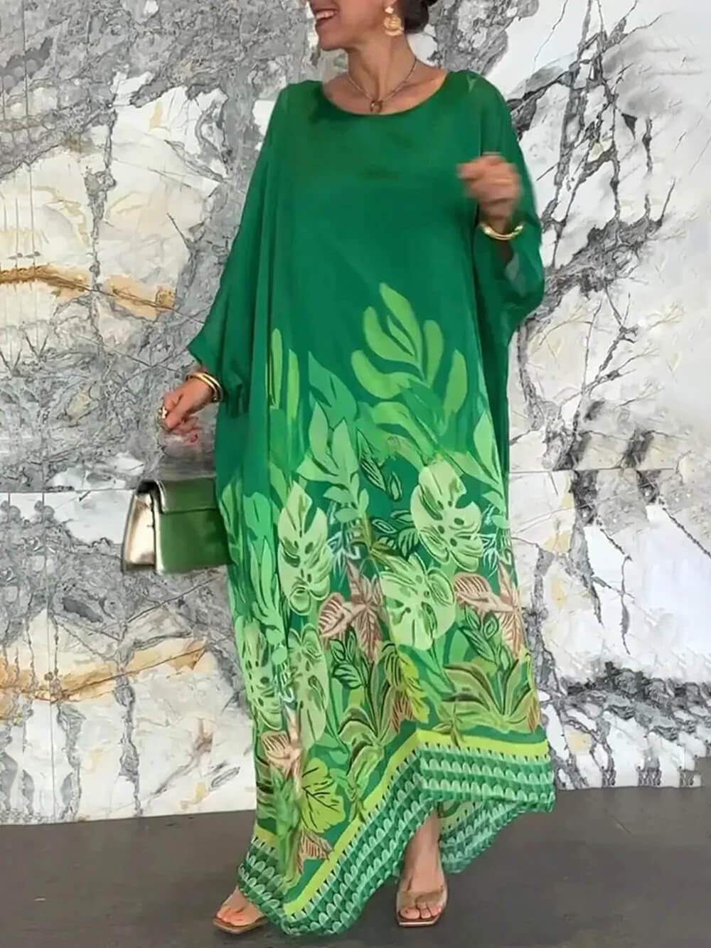 Vacation Plant Print Batwing Sleeve Kaftan Oversized Maxi Dress