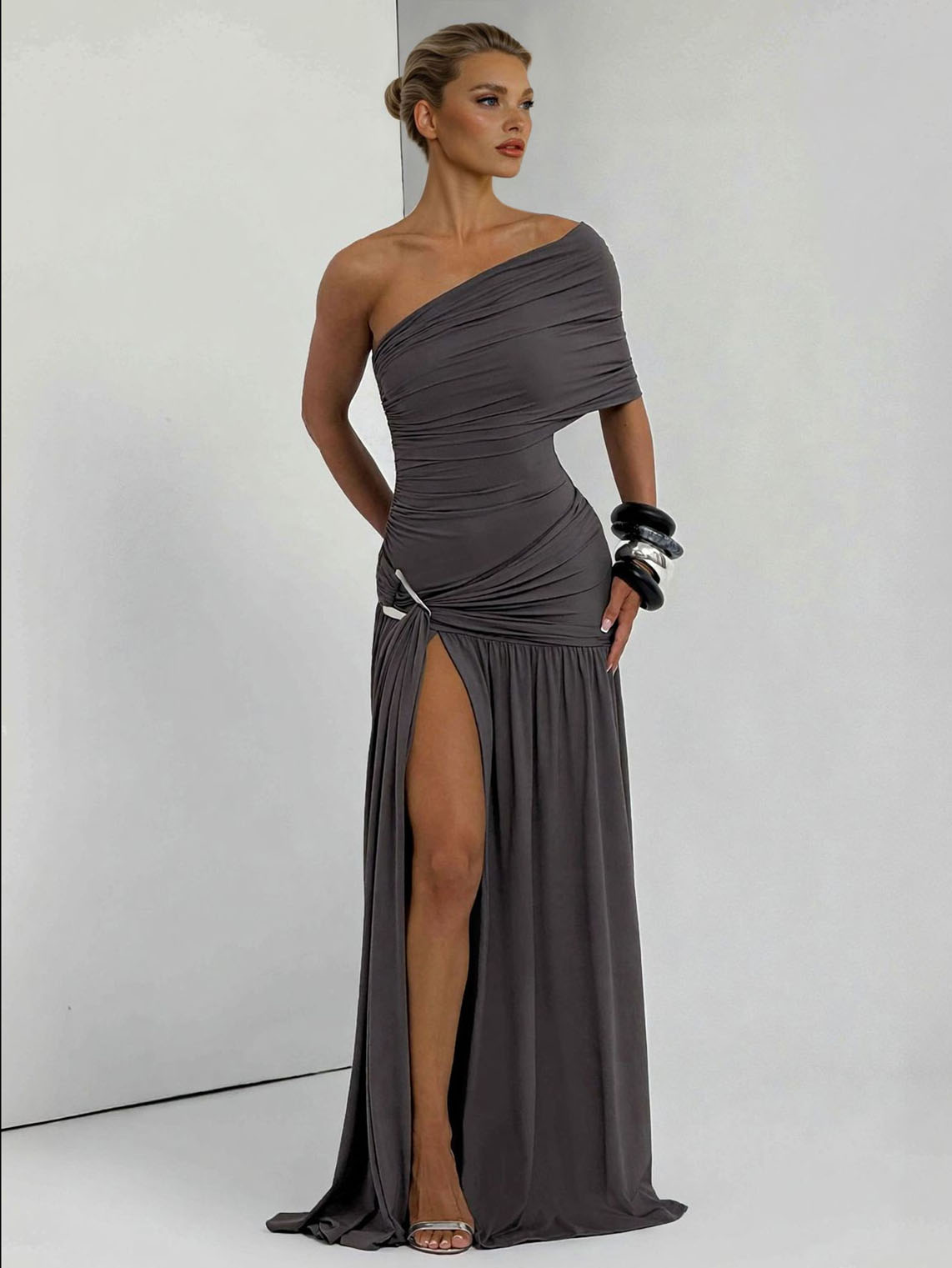 Elegant One-Shoulder Ruched Slit Maxi Dress