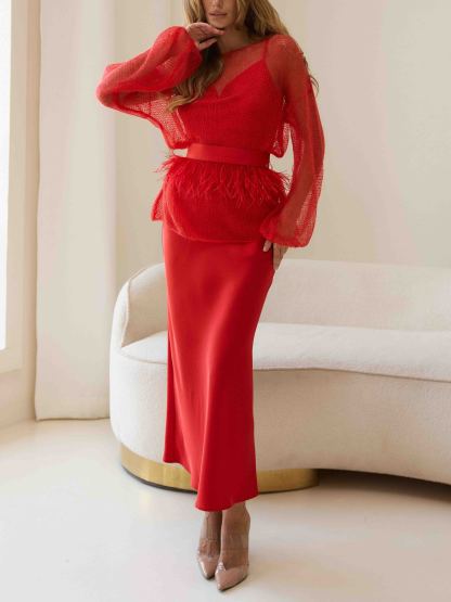 Elegant Openwork Knit Top And Satin Dress Two-piece Set