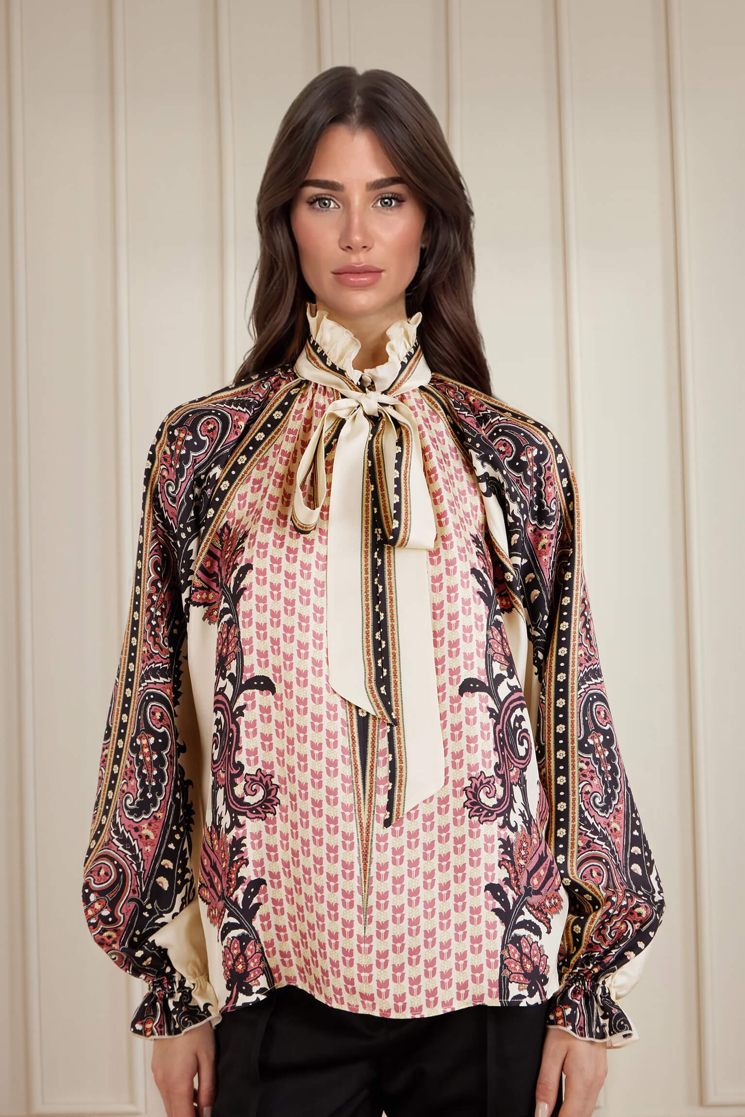 Exquisite Bow Ruffle Floral Printed Satin Twill Blouse