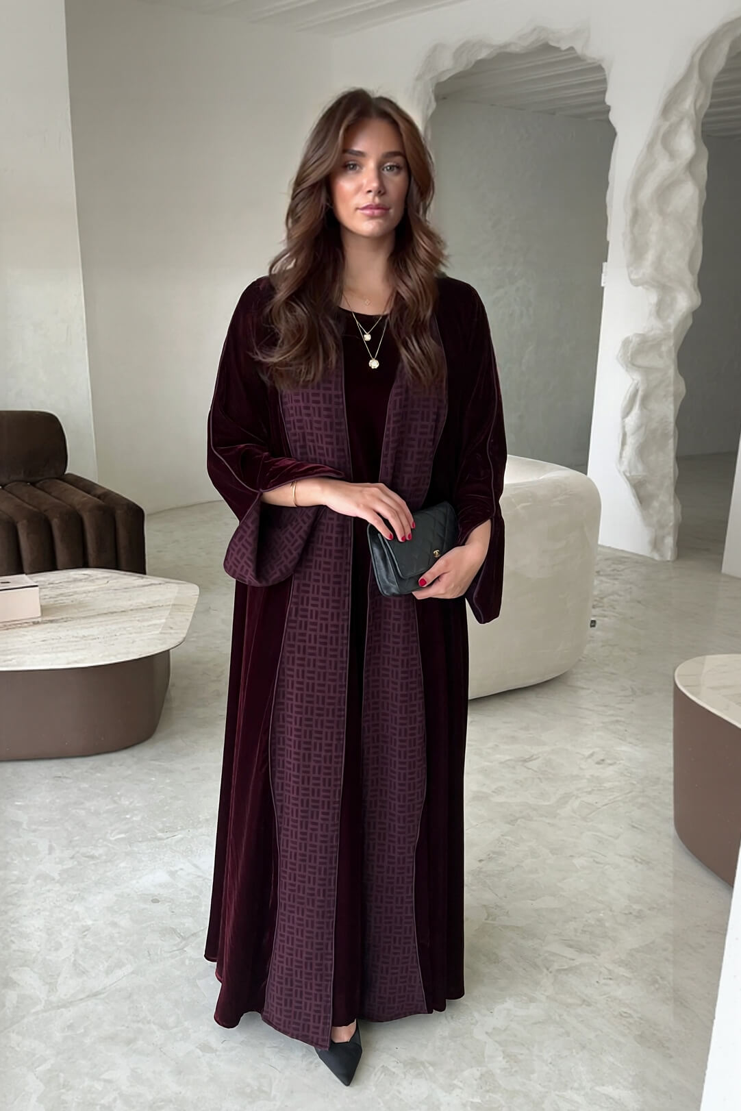 Elegant Burgundy Printed Velvet Robe Cardigan