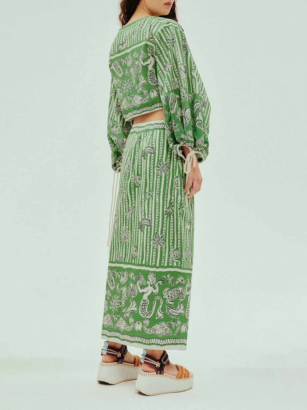 Unique Satin Boho Print Drawstring Waist Shirt