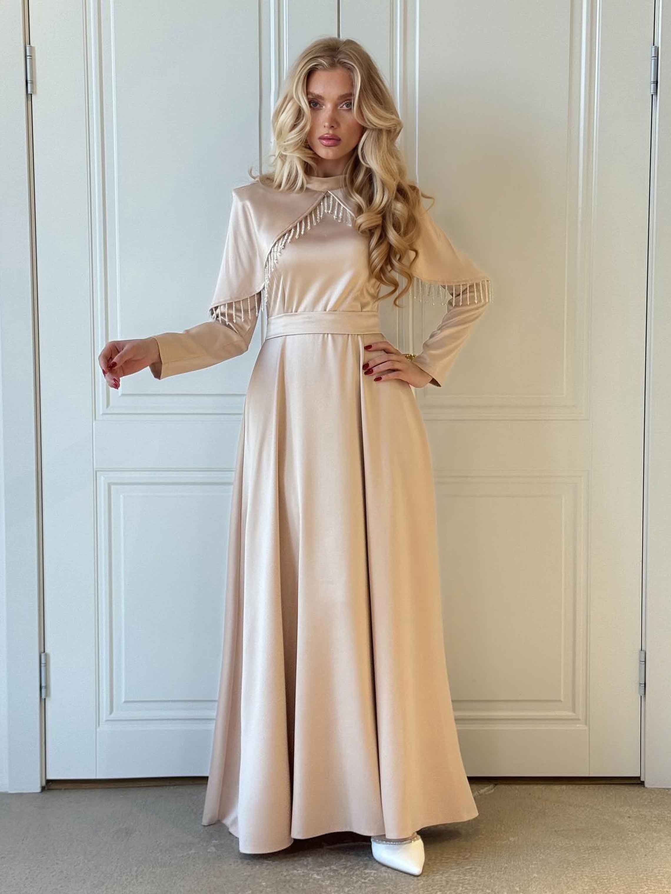 Elegant Satin Cape-Detail Long-Sleeve Maxi Dress
