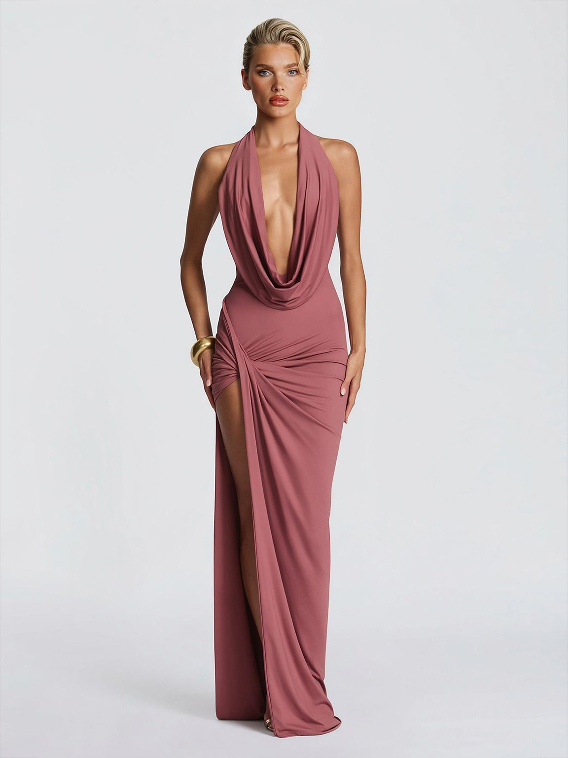 Sexy Sleeveless Ruched High-Slit Maxi Dress