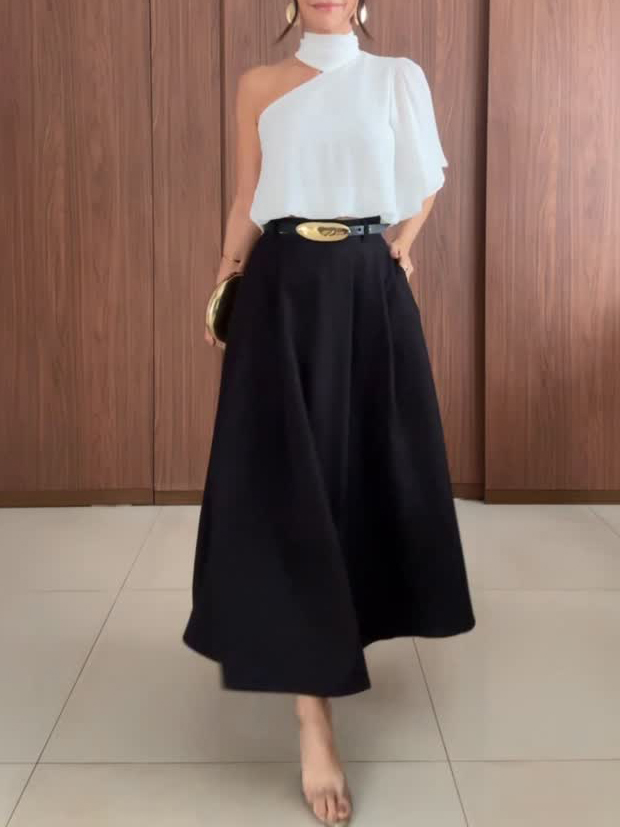 Elegant Asymmetrical Collar Shirt & Skirt Two-Piece Set