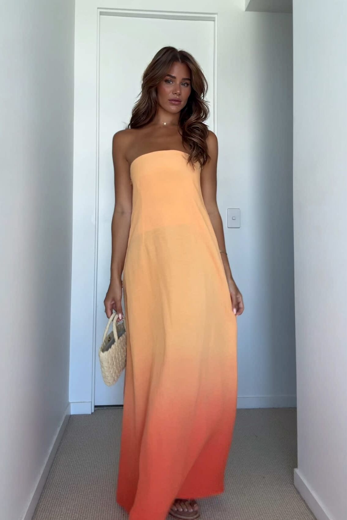 Unique Gradient Color Print Strapless Maxi Dress