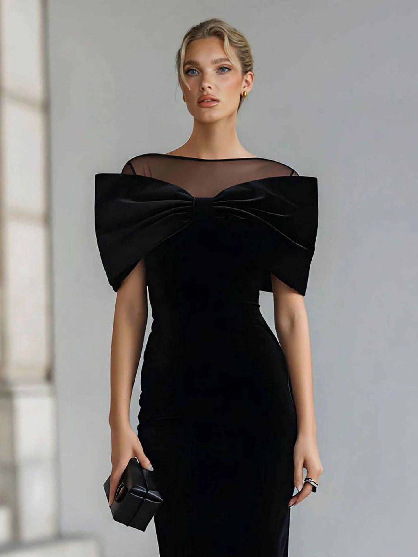Elegant Bow-Detail Sheer Neckline Midi Dress