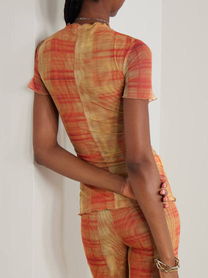 Unique Ruched Plaid Print Stretch Mesh T-Shirt