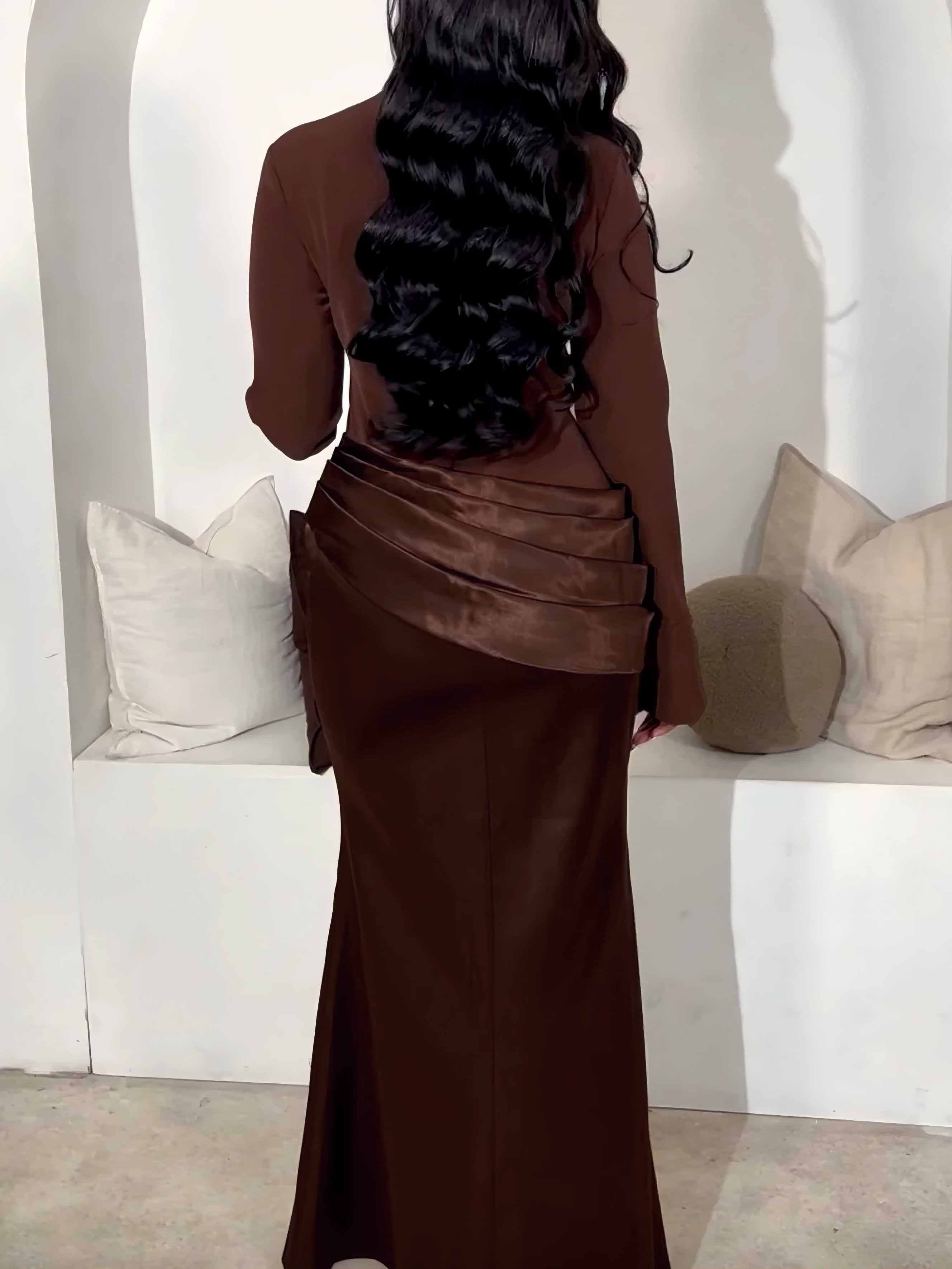 Elegant Long-Sleeved Draped Satin Maxi Dress