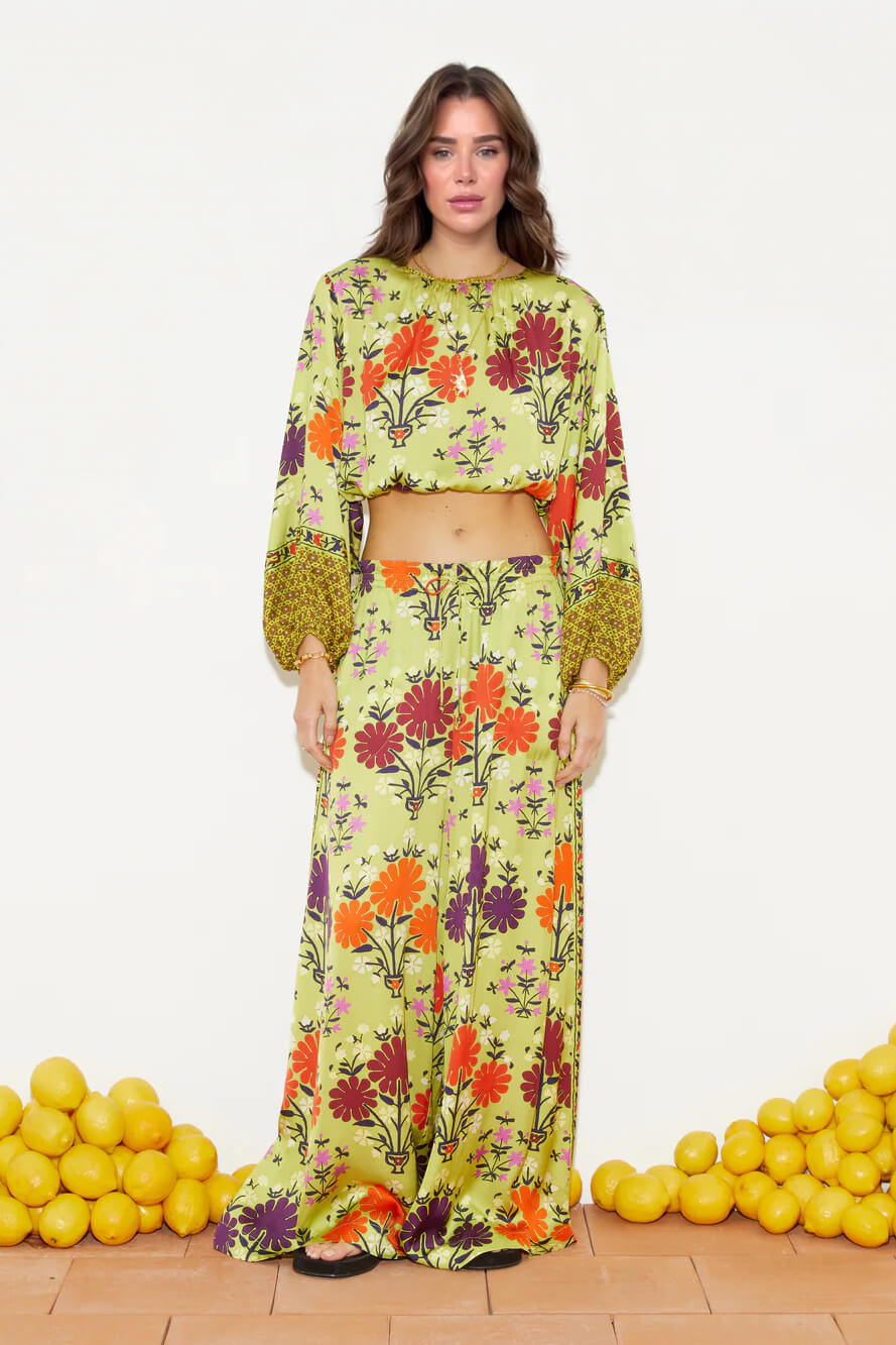 Unique Floral Print Elastic-Waist Wide-Leg Pants