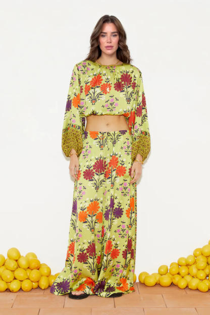 Unique Floral Print Elastic-Waist Wide-Leg Pants