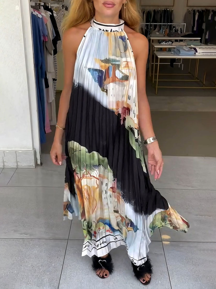 Unique Abstract Landscape Print Pleated Maxi Dress