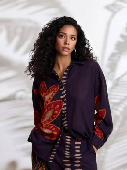 Exquisite Floral Print Linen Button-Down Loose Top