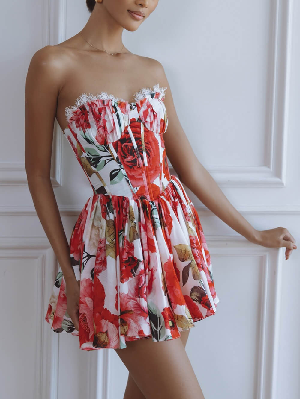 Delicate Printed Eyelash Lace Splice Bodycon Mini Dress