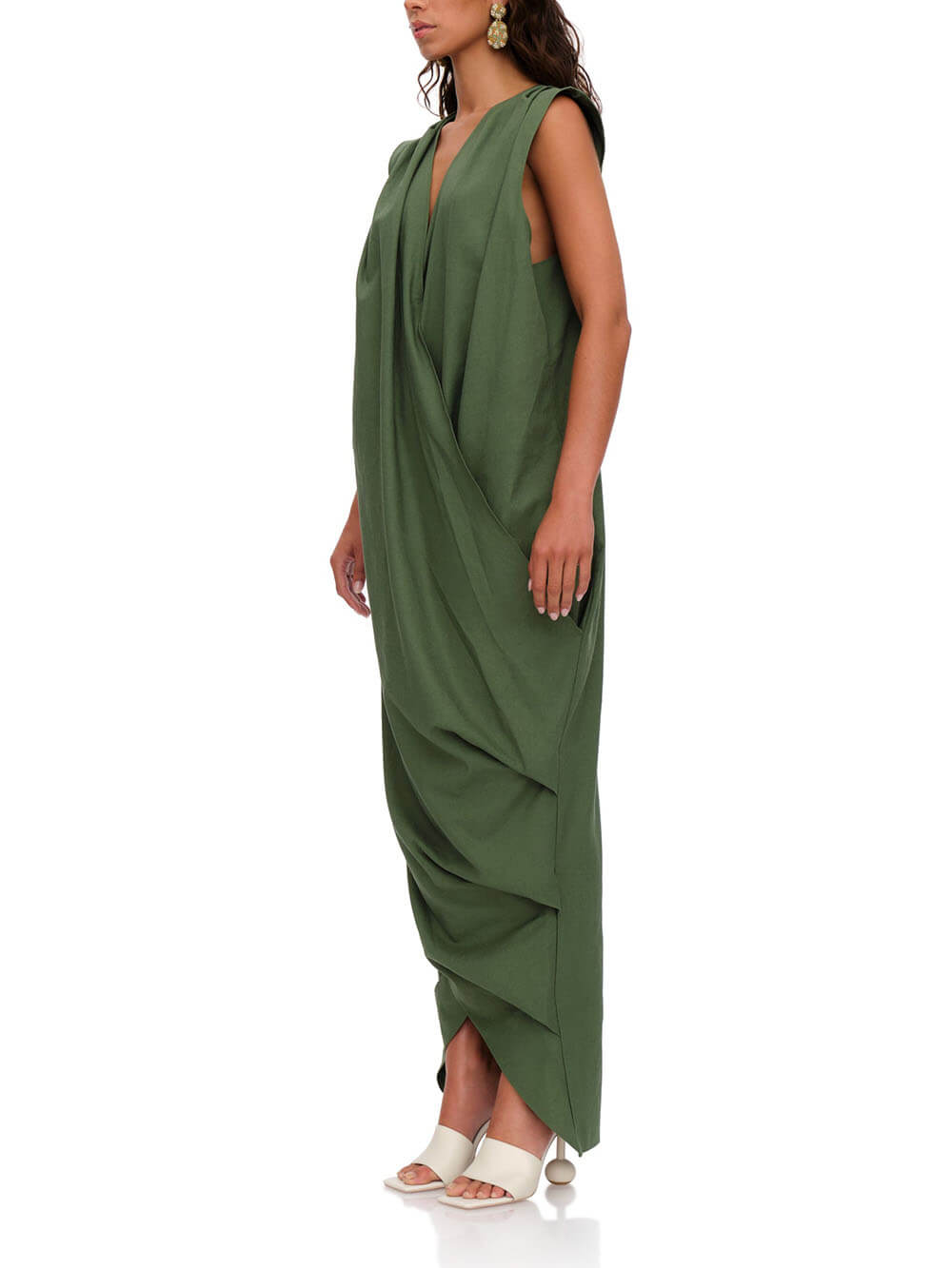 Modern Pleated Draped Linen Maxi Dress