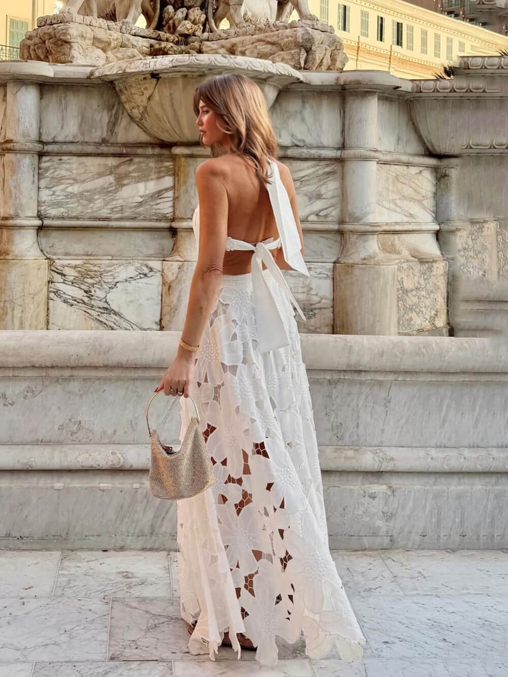 Exquisite Lace Crochet Backless Tie Maxi Dress