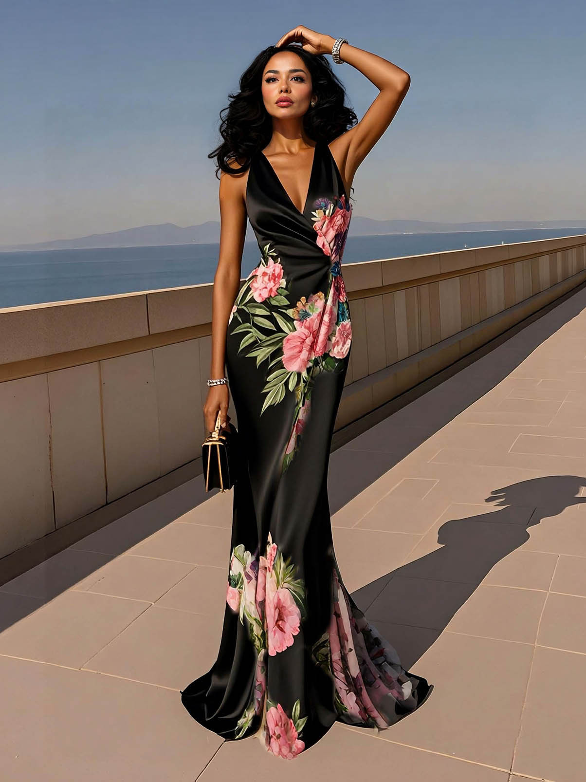 Elegant Floral Print Satin Mermaid Maxi Dress
