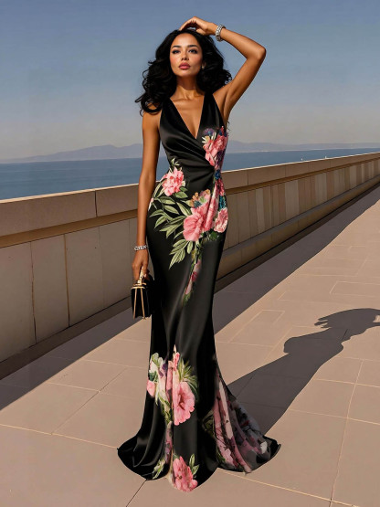 Elegant Floral Print Satin Mermaid Maxi Dress